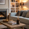 Interior of cozy living room with grey sofa and reed diffuser on coffee table Royalty Free Stock Photo