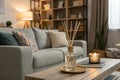 Cozy living room with grey sofa and reed diffuser Royalty Free Stock Photo