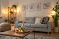 Cozy living room with grey sofa and reed diffuser Royalty Free Stock Photo