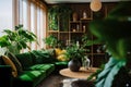 Cozy living room with indoor plants. Home gardening and biophilic design. Authentic home interior