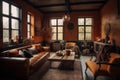 cozy living room in industrial style, with warm colors and leather sofas