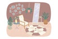 Cozy living room interior with armchair, mirror, potted plants. Vector illustration