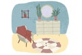Cozy living room interior with chest of drawers and armchair. Vector illustration