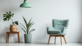 Cozy living room interior with a comfortable armchair, potted plant, and a stylish mint lampshade creating a warm and inviting