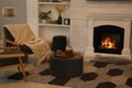 Cozy living room interior with comfortable armchairs and decorative fireplace Royalty Free Stock Photo