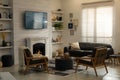 Cozy living room interior with comfortable sofa, armchairs and decorative fireplace Royalty Free Stock Photo