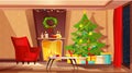 Cozy living room interior decorated for Christmas holidays. Cartoon vector illustration with red armchair, Christmas Royalty Free Stock Photo