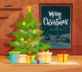 Cozy living room interior decorated for Christmas holidays. Cartoon vector illustration with Christmas tree, gifts and Royalty Free Stock Photo