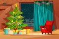 Cozy living room interior decorated for Christmas holidays. Cartoon vector illustration with Christmas tree, gifts and Royalty Free Stock Photo