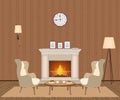 Cozy living room interior with fireplace, armchairs, clock, lamps and photoframes. Domestic room design.