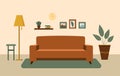 Cozy living room interior with furniture, shelves with books and home flowers, floor lamp. Flat cartoon vector illustration