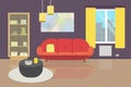 Cozy Living room interior with furniture and window. Flat style illustration. sofa, bookcase, table, lamps, carpet, wall p