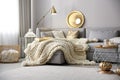 Cozy living room interior with knitted blanket on comfortable sofa Royalty Free Stock Photo