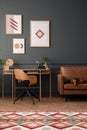 Cozy living room interior with mock up poster frame, brown sofa, wooden desk, modern armchair, patterned rug, books, dog, grey