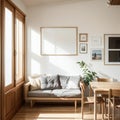 Cozy living room interior with sunlight, comfortable sofa, wooden furniture, and framed wall art Royalty Free Stock Photo