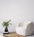 Cozy living room interior, white modern armchair on white background