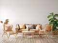 Cozy living room interior with wicker furniture, wall mockup