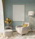 Cozy home interior in light pastel colors with cozy furniture decoreted with sunflowers, 3d rendering