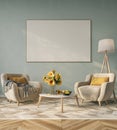 Cozy home interior in light pastel colors with cozy furniture decoreted with sunflowers, 3d rendering