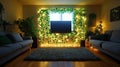 Cozy living room with ivy wall, string lights, and plants Royalty Free Stock Photo