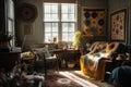 a cozy living room with a knitter, quilter, and crafter creating beautiful works of art