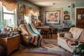 a cozy living room with a knitter, quilter, and crafter creating beautiful works of art