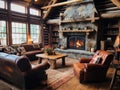 Cozy living room. Luxurious country house with panoramic windows and a burning fireplace.