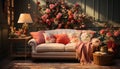 Cozy living room with modern decor, comfortable sofa, and elegant lamp generated by AI Royalty Free Stock Photo