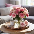 Cozy Living Room with Mothers Day Centerpiece and Serene Garden View
