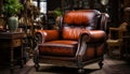 Cozy living room with old fashioned leather armchair and rustic wood generated by AI
