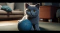 Ai Generative British kitten plays with blue ball on the carpet in the living room