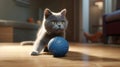 Ai Generative British kitten plays with blue ball on the carpet in the living room