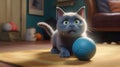 Ai Generative British kitten plays with blue ball on the carpet in the living room
