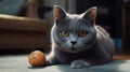 Ai Generative British kitten plays with orange ball on the carpet in the living room