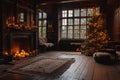 Cozy Living Room With Plentiful Furniture and Decorative Christmas Tree, An atmospheric candlelit room with a Christmas tree in Royalty Free Stock Photo