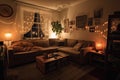 cozy living room with plush sofa, cozy blankets, and warm lighting