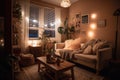 cozy living room with plush sofa, cozy blankets, and warm lighting