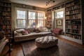 cozy living room with plush sofa and reading nook, surrounded by bookshelves