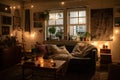 cozy living room with plush sofa, warm lighting, and cozy blankets