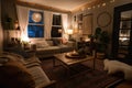 cozy living room with plush sofa, warm lighting, and cozy blankets