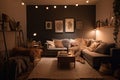 cozy living room with plush sofa, warm lighting, and cozy blankets