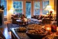 A cozy living room setting with a table full of snacks and drinks Royalty Free Stock Photo