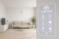 Cozy living room with smart home control interface. Space for text. Royalty Free Stock Photo