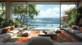 Ocean view living room with pool, surrounded by water, sky, and lush plants Royalty Free Stock Photo