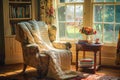 Cozy Living Room with Vintage Armchair Bathed in Warm Sunlight Near Window Overlooking Garden Royalty Free Stock Photo