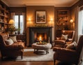 Cozy Living Room with Vintage Fireplace and Winter Royalty Free Stock Photo