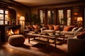 A cozy living room with warm, earthy tones and a crackling fireplace,