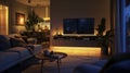 A cozy living room with warm LED bulbs and dimmable smart lighting perfect for setting the mood for movie nights