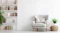 A cozy living room with a white bookshelf and a gray armchair. The bookshelf is filled with books, a vase, and a clock Royalty Free Stock Photo