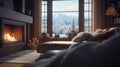 A cozy living room in a wooden chalet with a burning fireplace, a soft sofa and a fluffy carpet. Amazing view of the Royalty Free Stock Photo